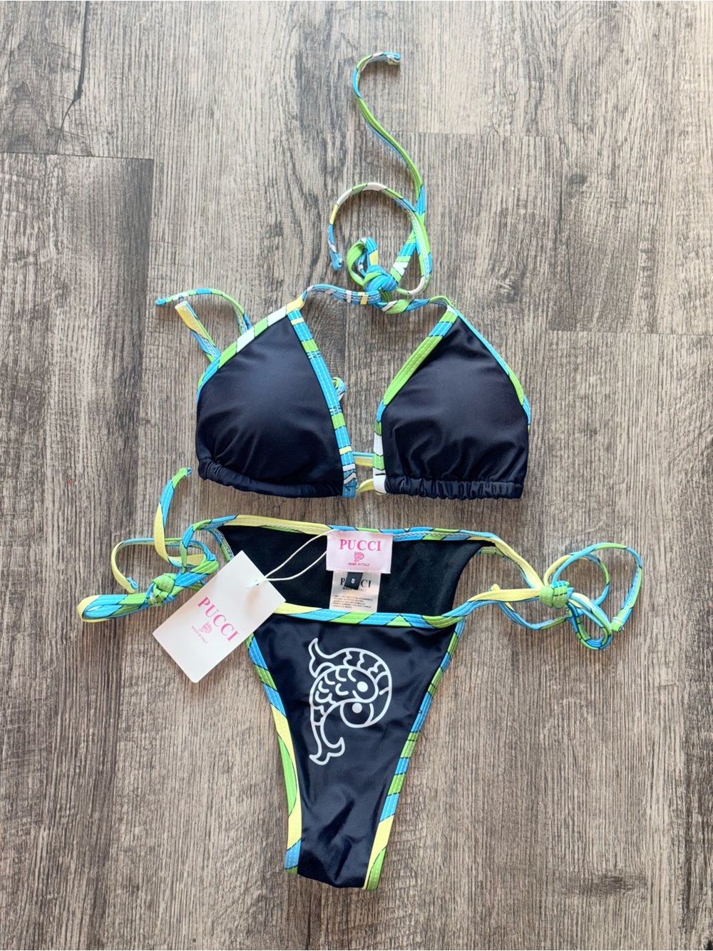Pucci Black Logo Triangle Bikini with Neon Trim